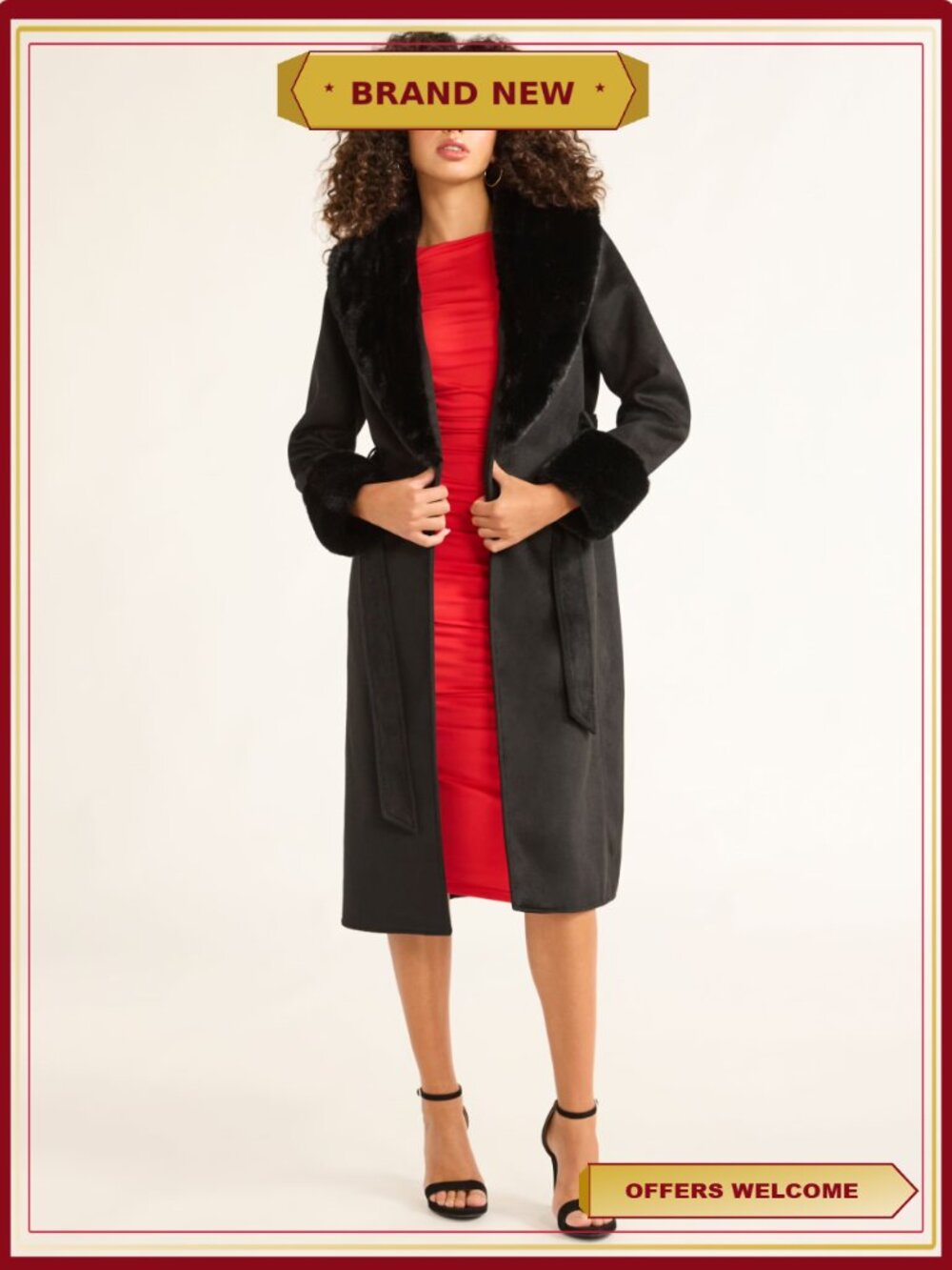 Faux Fur Trim Coat Shawl Collar Single Button Belt Loops